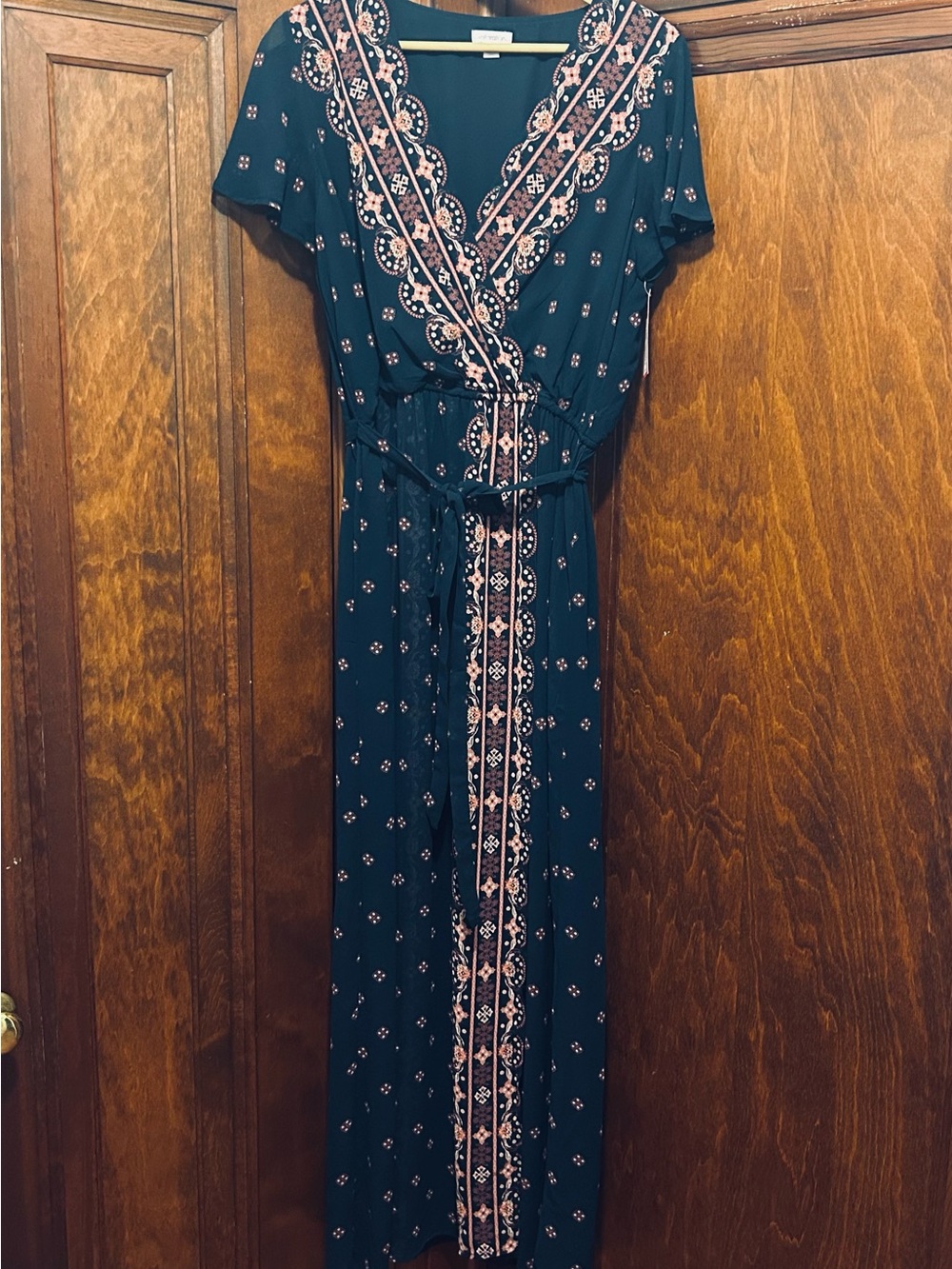 Navy Maxi Wrap Dress with Pink Floral Border and Adjustable Waist